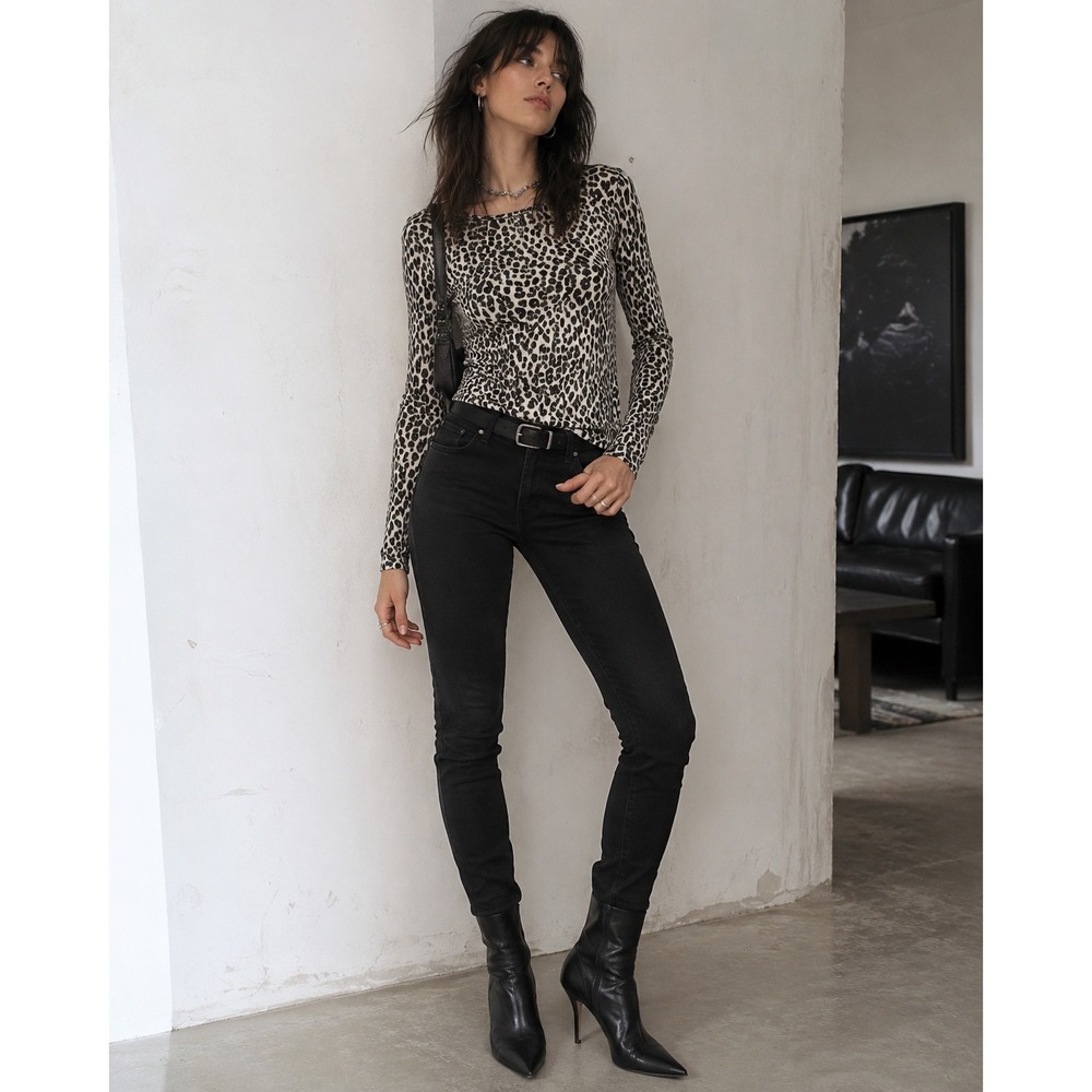 WinterSilks 100% Silk Leopard Print Top S Long Sleeve Y2K Indie Sleaze
